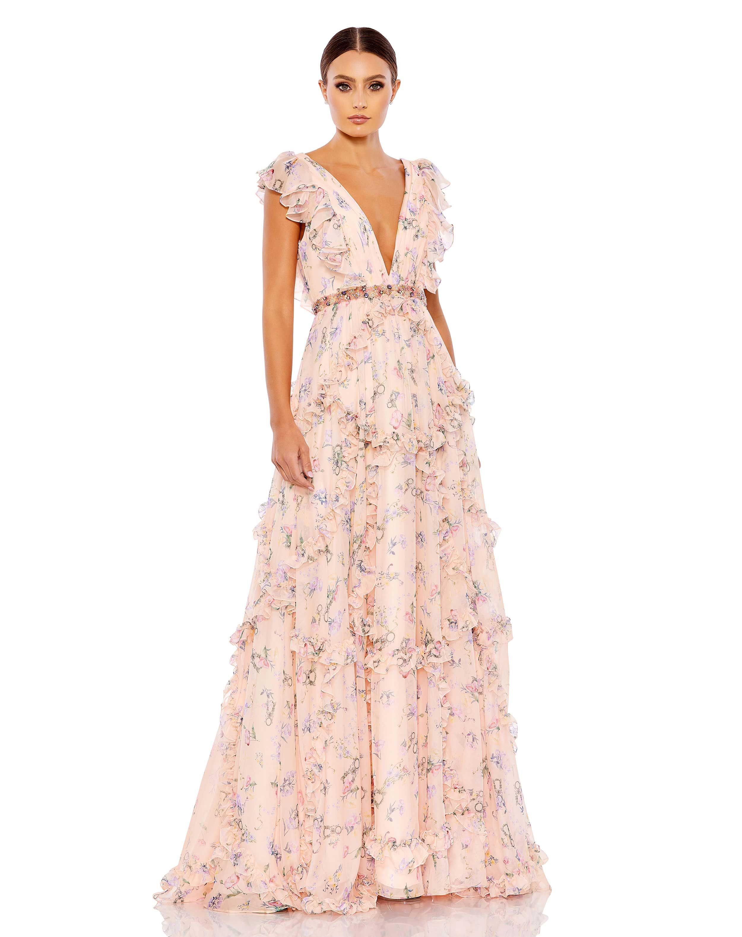 Ruffled Floral Print Cap Sleeve Gown | Mac Duggal