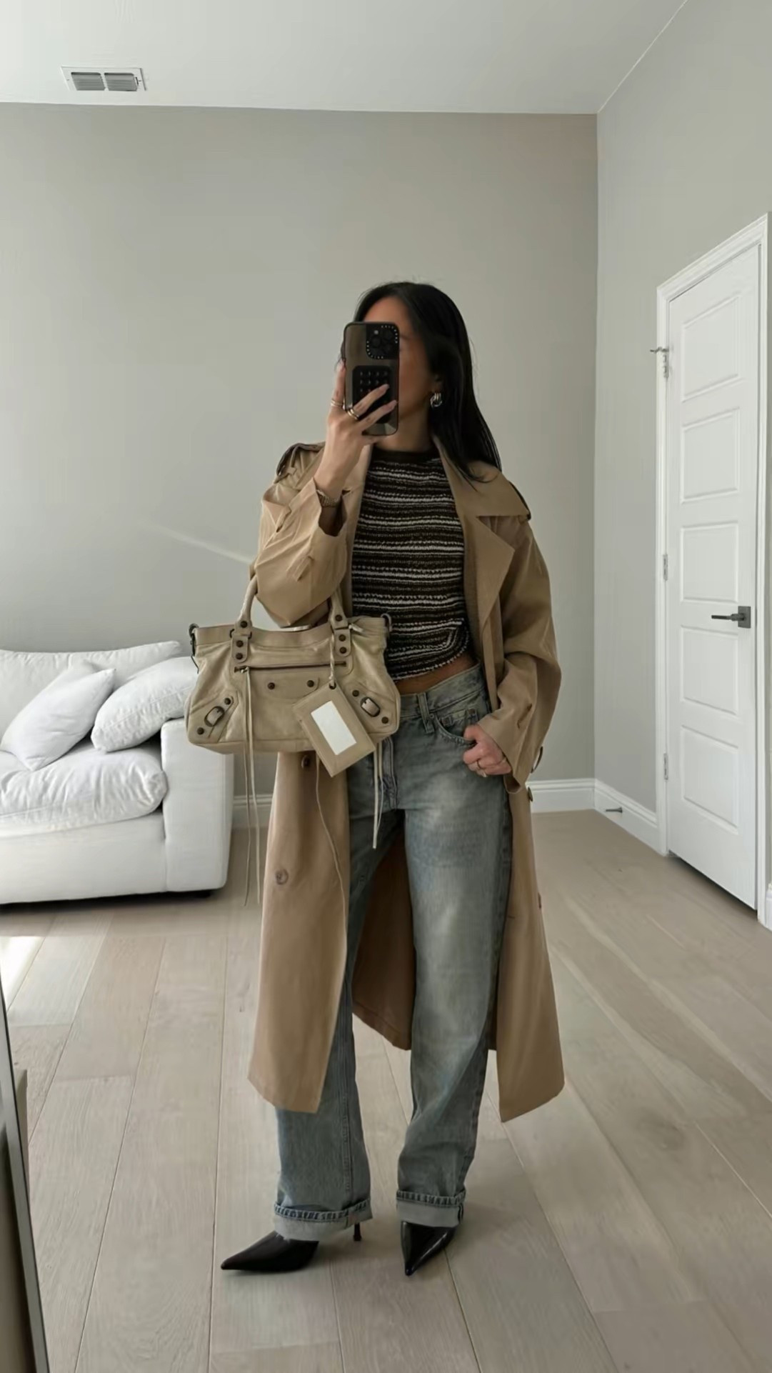 too is zara (brown color is sold out so linked the green), trench is old beginning boutique, jeans are size 000 short, bag is balenciaga 