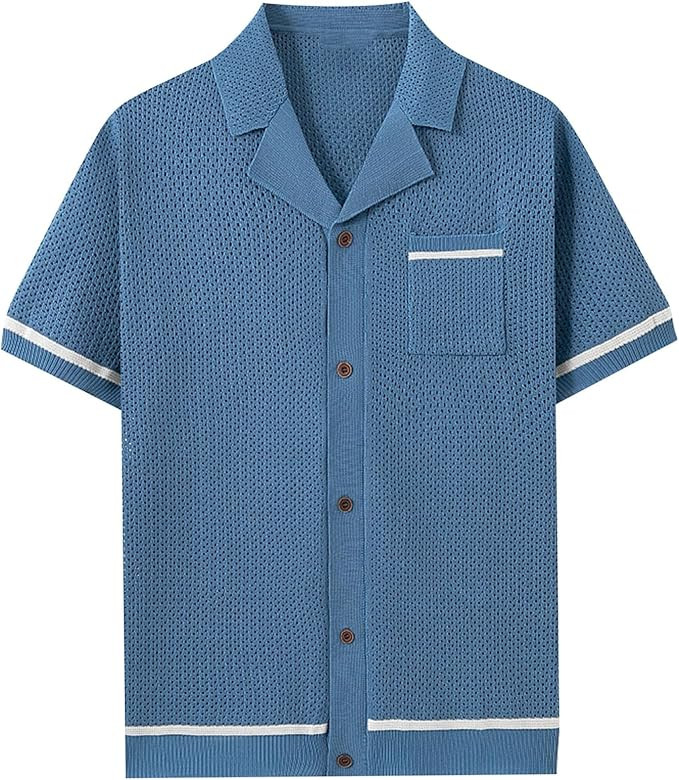 Button Down Crochet Knit Shirt Men Camp Collar Hollow Out Hawaiian Shirts Sexy Short Sleeve Beach... | Amazon (US)