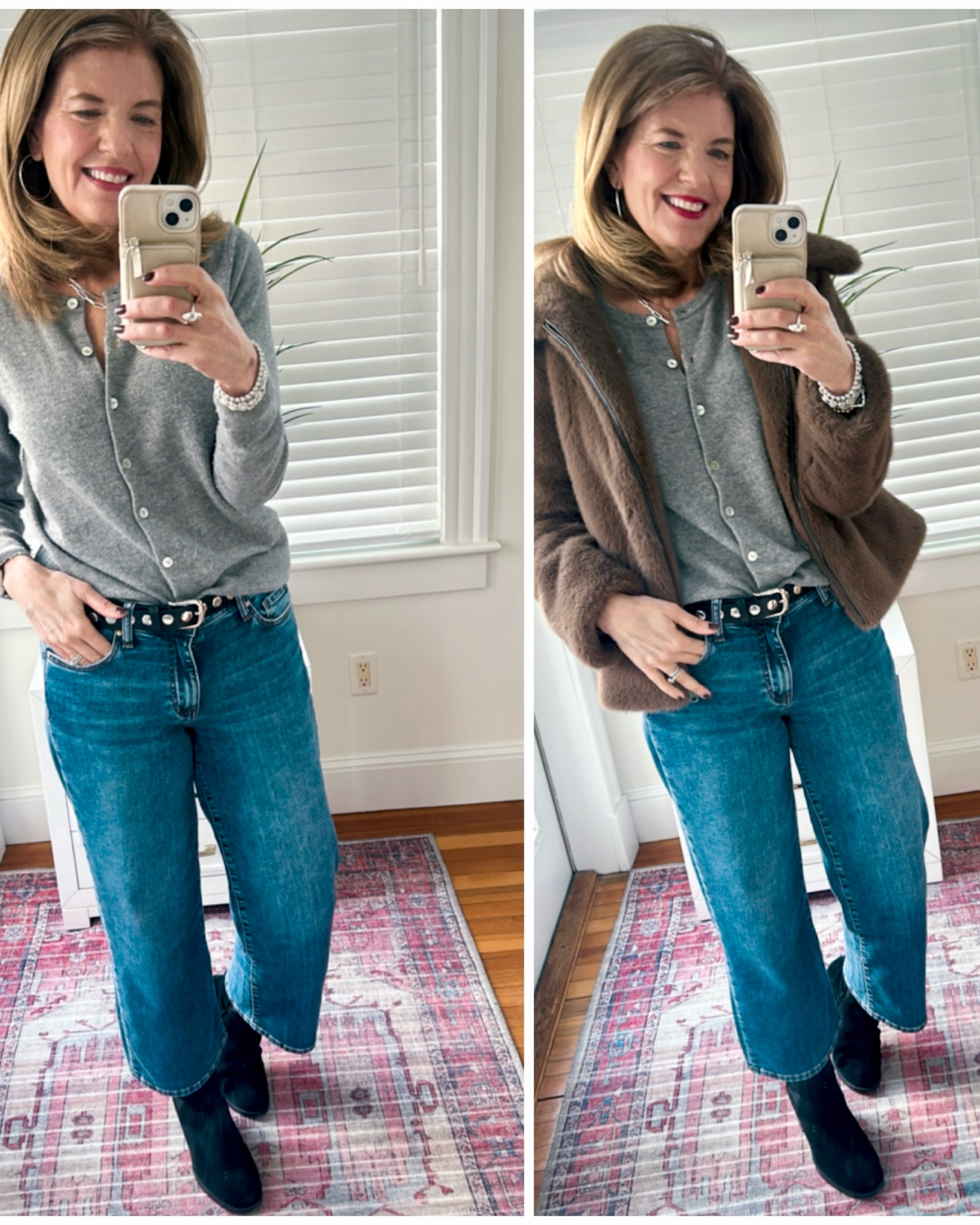 Tip- mix your styles - I.e classic cardigan gets a lift when worn as a top with neckline open, an edgy belt, silver jewelry, jeans and booties. 