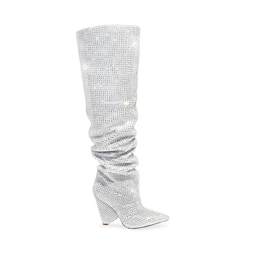 Liliana Women's Pointed Toe Fashion Rhinestones Boots Over Knee High Slouch Boots Silver 11 | Amazon (US)
