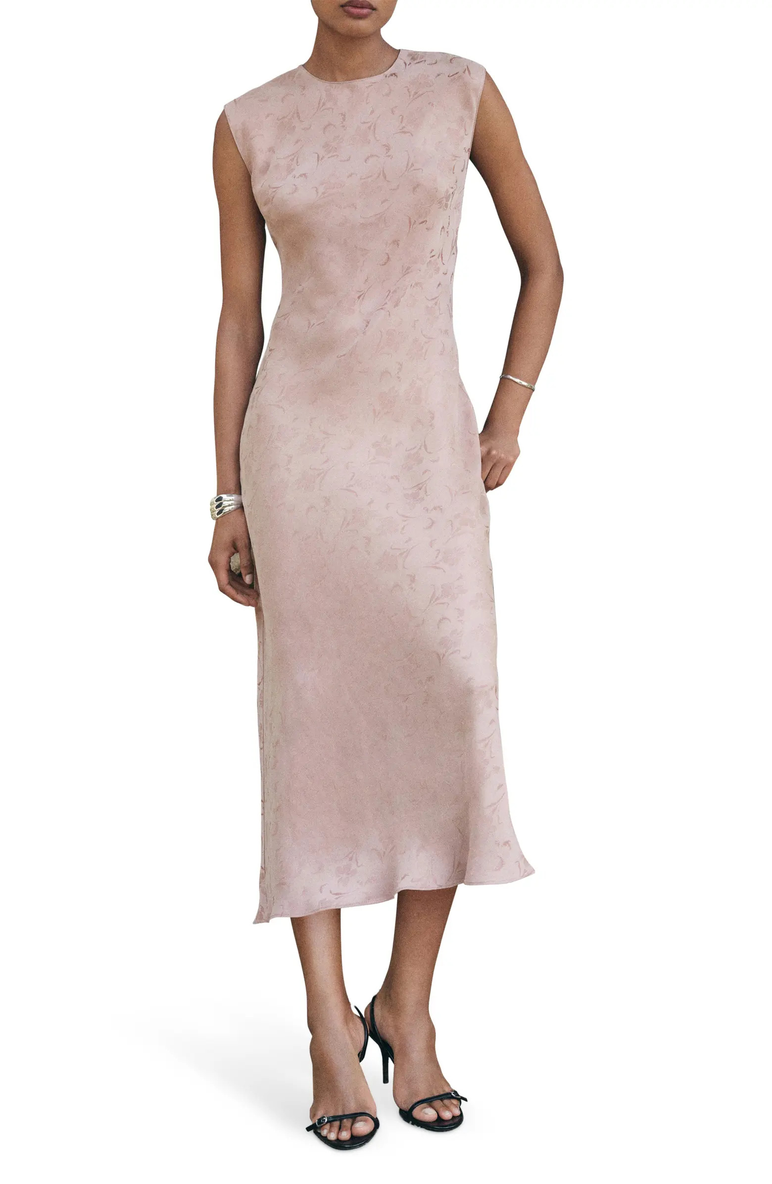 MANGO Satin Floral Jacquard Cap Sleeve Midi Dress | Nordstrom | Nordstrom