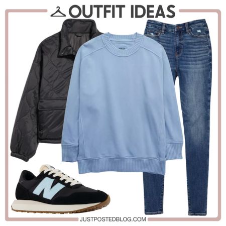 Great casual look for fall and winter with a blue tunic sweatshirt, black jacket, jeans, and New Balance sneakers 

#LTKsalealert #LTKstyletip #LTKunder50