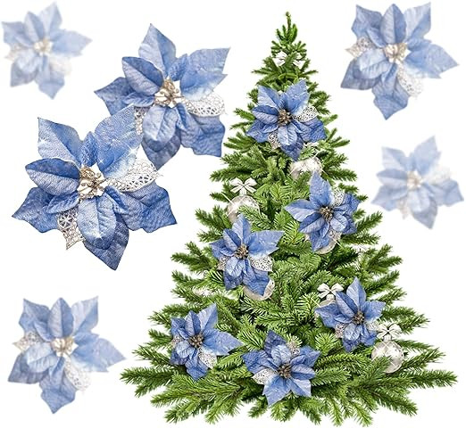 Crazy Night 12pcs 8.7inch Blue Glitter Poinsettia Artificial Flowers,Christmas Tree Decorations,W... | Amazon (US)