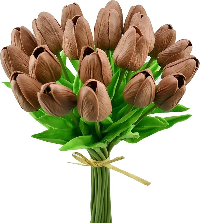 Mandy's Artificial Tulips 20 Stems Brown PU Faux Flowers for Valentine's Day and New Year Decorat... | Amazon (US)