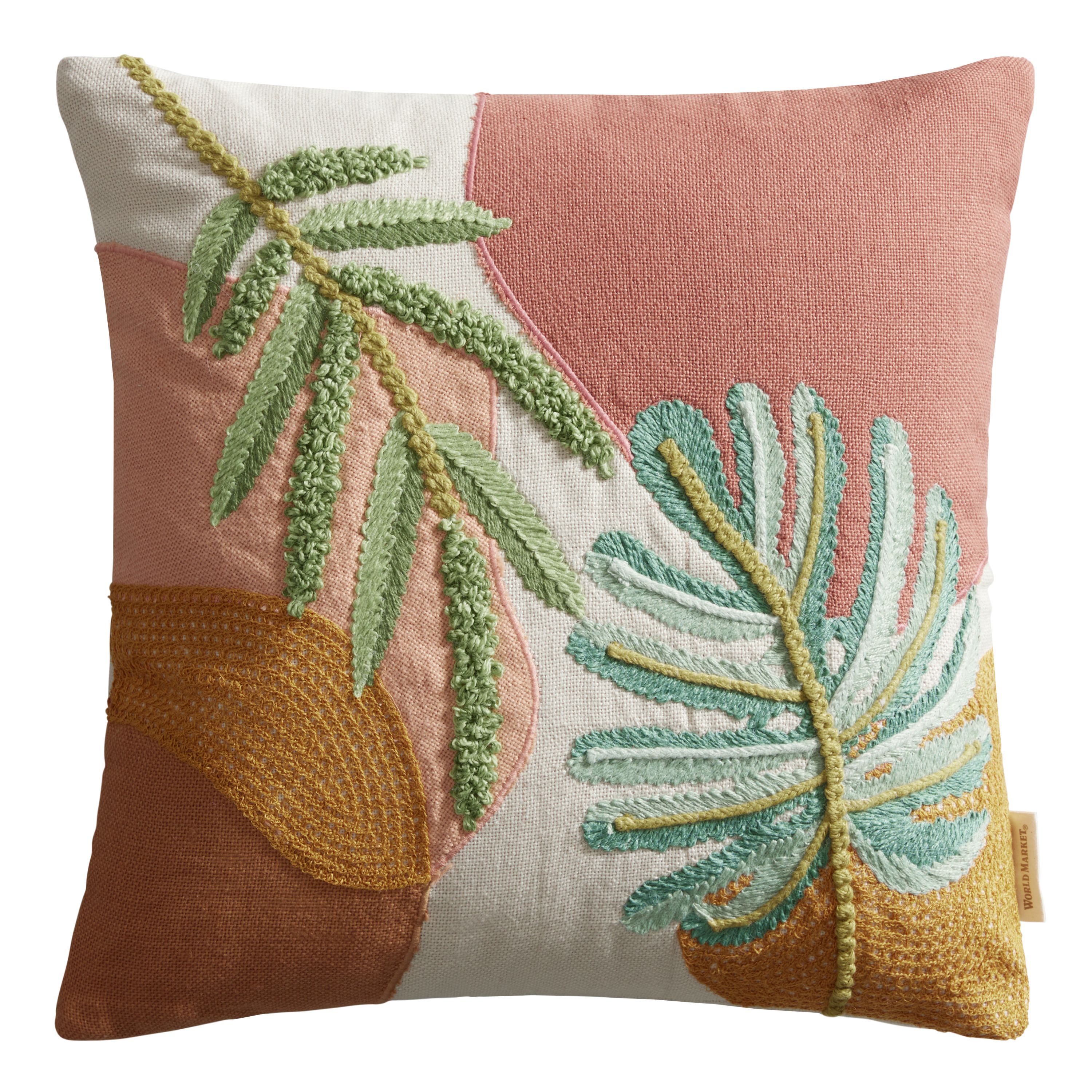 Embroidered Monstera Leaf Indoor Outdoor Throw Pillow - World Market | World Market