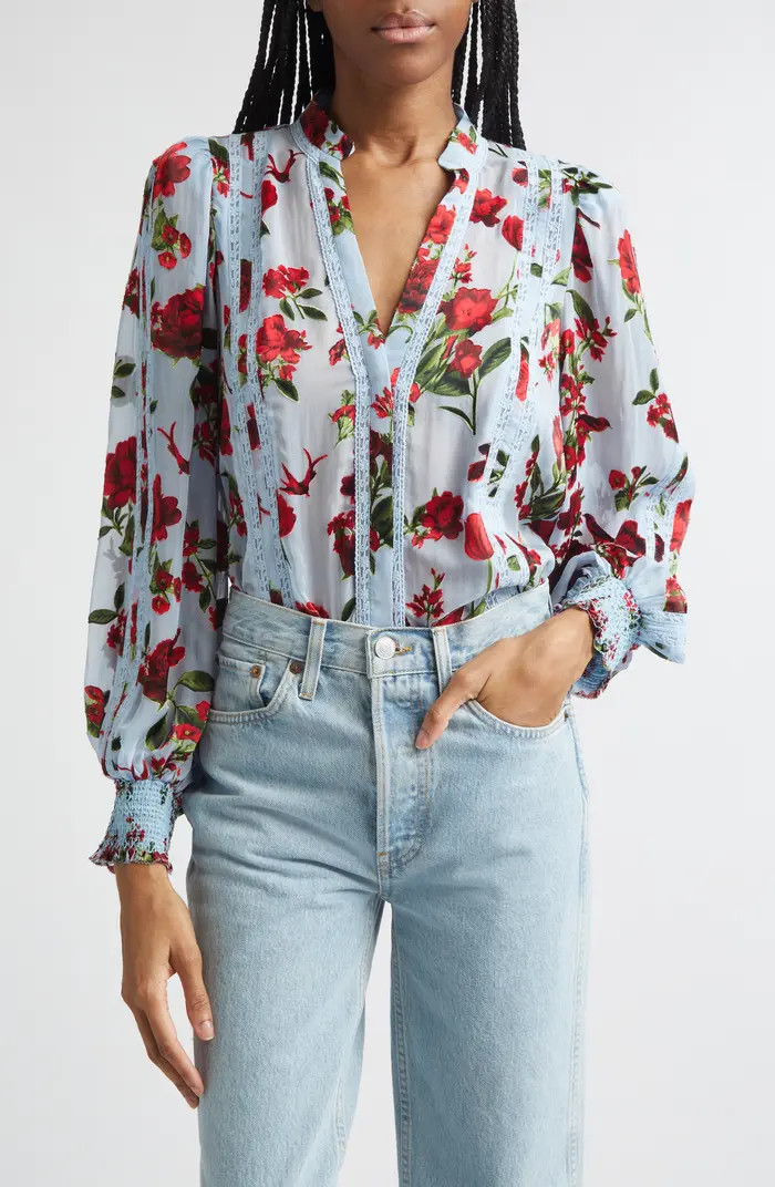 Alice + Olivia Arlette Floral Print Lace Trim Top | Nordstrom | Nordstrom