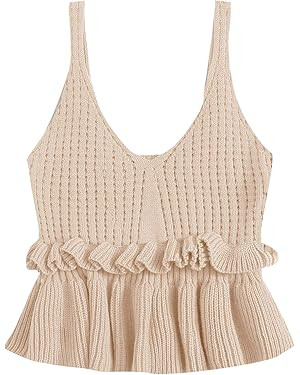 SweatyRocks Women's Casual Spaghetti Strap Ruffle Hem Peplum Cropped Knit Sweater | Amazon (US)