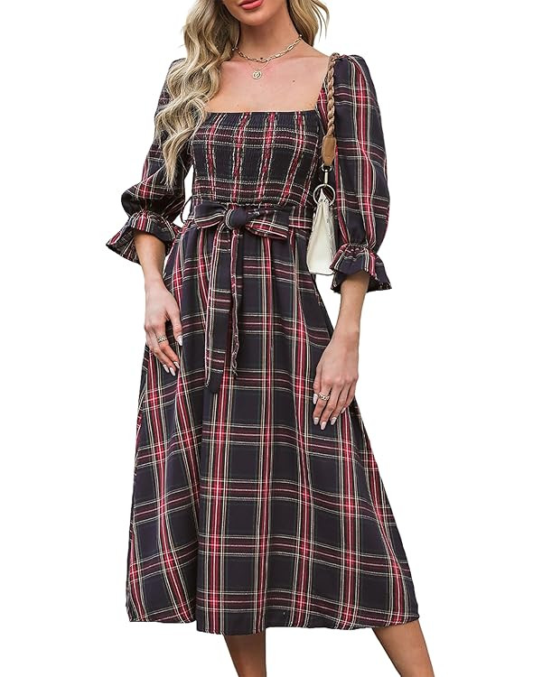 CUPSHE Women's Maxi Dresses Square Neck Plaid Smocked Belted Ruffled Casual Half Trumpet Sleeve A... | Amazon (US)
