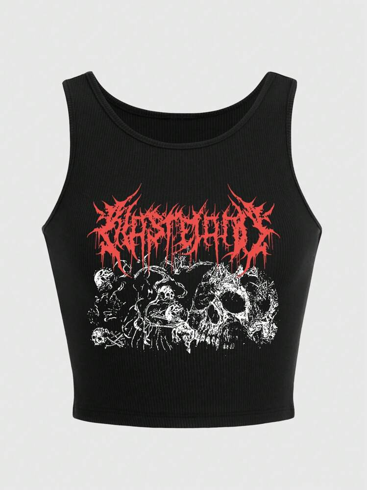 ROMWE Grunge Punk Letter Skull Pattern Cropped Tank Top, School | SHEIN