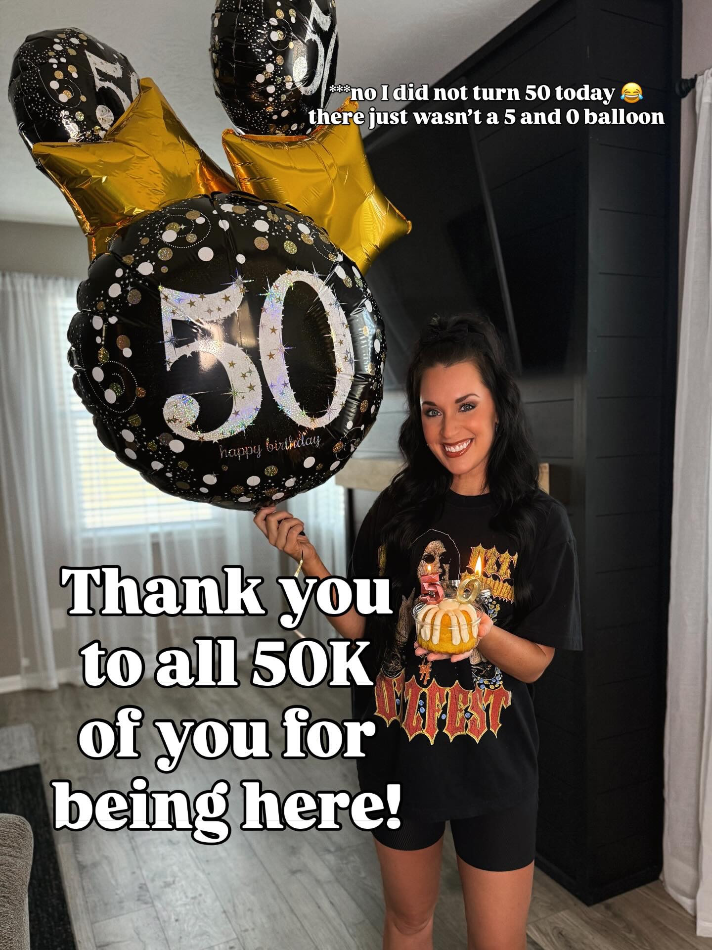 Hit 50K today!! Halfway to my huge milestone of 100K! Thank you for being here 🖤 My husband couldn’t find a 5 and 0 balloon so 50th birthday balloons it is 😂🎈

#50kfollowers #50k #alternative