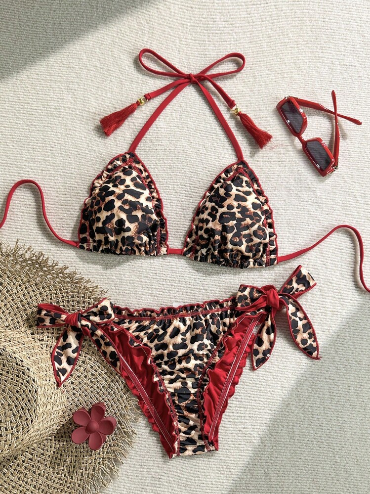 Soleia Women's Vintage Colorful Leopard Print Frill Tie Neck Tassel Decorated Bikini Set Set, Ideal For Summer Beach Leopard Print Bikini Leopard Bikini Set Tie Side Bikini Off The Shoulder Christmas Tops For School Back To School Outfits Women Back To School Women's Fall Clothes Goth Women Clothing Club Outfits Women Sexy Halloween Costumes Going Out Outfits Concert Outfits Country Concert Outfit | SHEIN