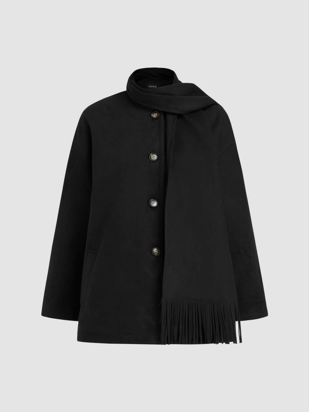 Woll-Look Rundhals Oversized Jacke mit Fransen Schal | Cider
