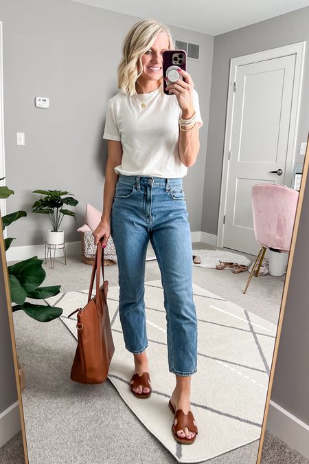 Cognac accessories always go great with a simple white t-shirt and jeans! 
Shirt- from Target last year, linked similar 
Jeans- 26/short
Shoes- 7.5

#LTKfindsunder100 #LTKSeasonal #LTKstyletip