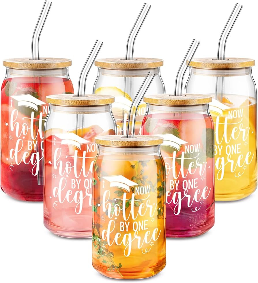6 Set Graduation Gifts 16 oz Glass Cups with Lids and Straws Now Hotter by One Degree Can Shaped ... | Amazon (US)