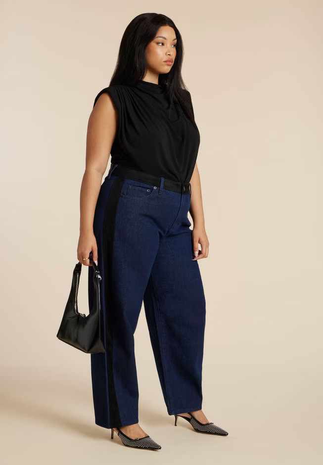 Faux Suede Side Stripe Straight Leg Jean | Eloquii