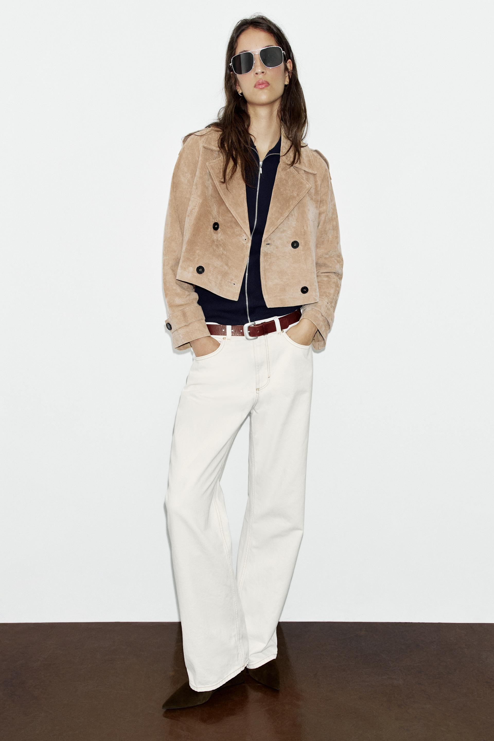 Zara - Cropped Double Breasted 100% Leather Trench - Dark Khaki - Xs - Woman | Zara US