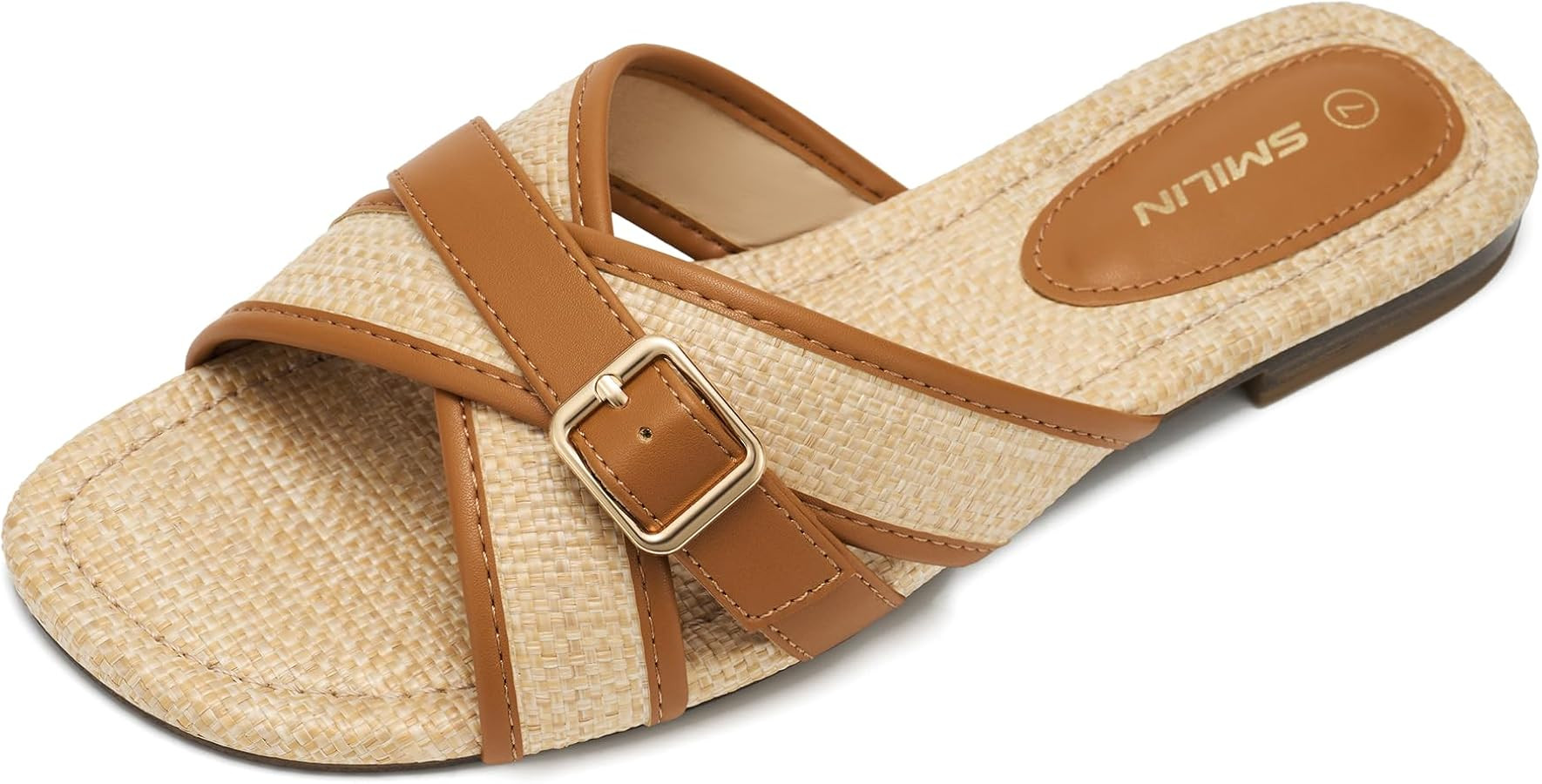 Dressy Raffia Sandals Women Woven Slides Flat Summer Vacation Beach Shoes | Amazon (US)