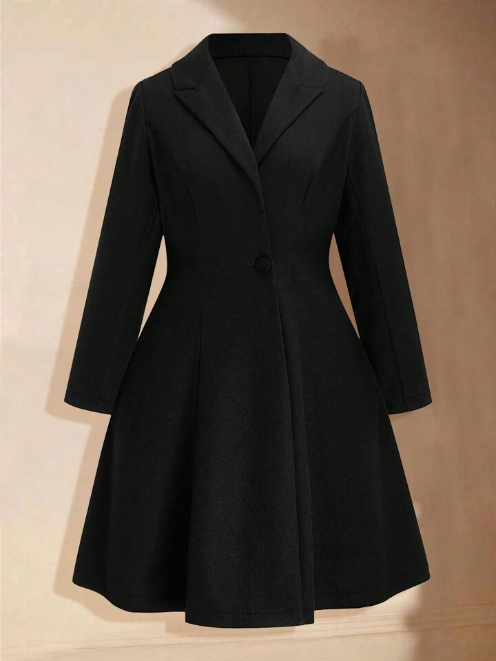 SHEIN MOOSTA Plus Size Solid Color Front Button Closure Long Sleeve Fitted Waist Slim Coat | SHEIN