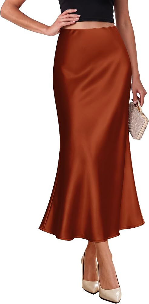 OFEEFAN Stain Skirts for Women Elegant High Waist Cocktail Party Midi Skirt | Amazon (US)