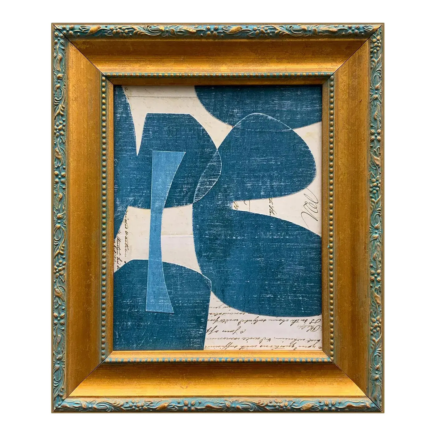 Contemporary Blue Abstract Collage in Vintage Gold Frame | Chairish