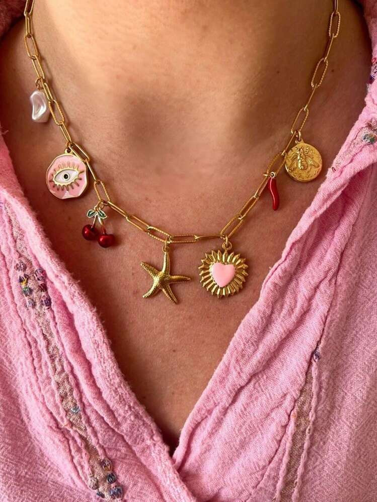 1Pc Charm Dopamine Cherry, Heart, Starfish, Chili Pepper, Faux Pearl, Bee Pendant Collarbone Chain Necklace Women's Party Daily Jewelry Accessories Funky Jewelry Valentines | SHEIN