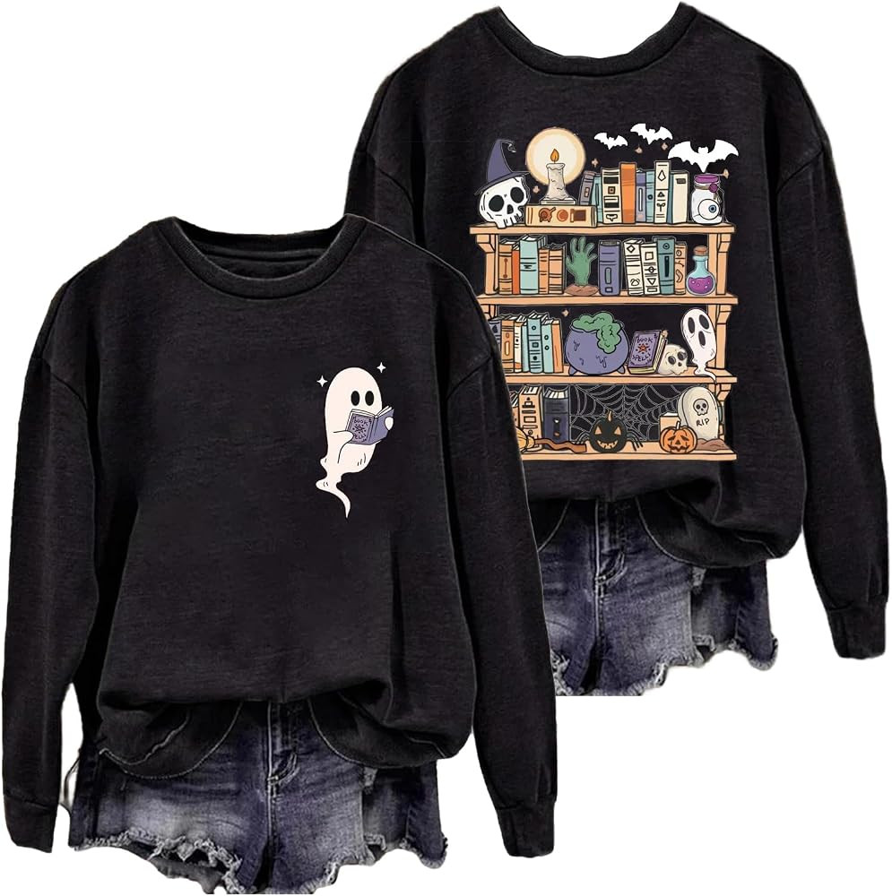 Halloween Sweatshirts for Women Ghost Reading Books Pullover Halloween Book Lover Teacher Fall Pu... | Amazon (US)