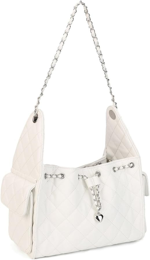 Quilted Hobo Bag for Women, Large Leather Shoulder Purse with Silver Chain Strap Ladies Tote Hand... | Amazon (US)