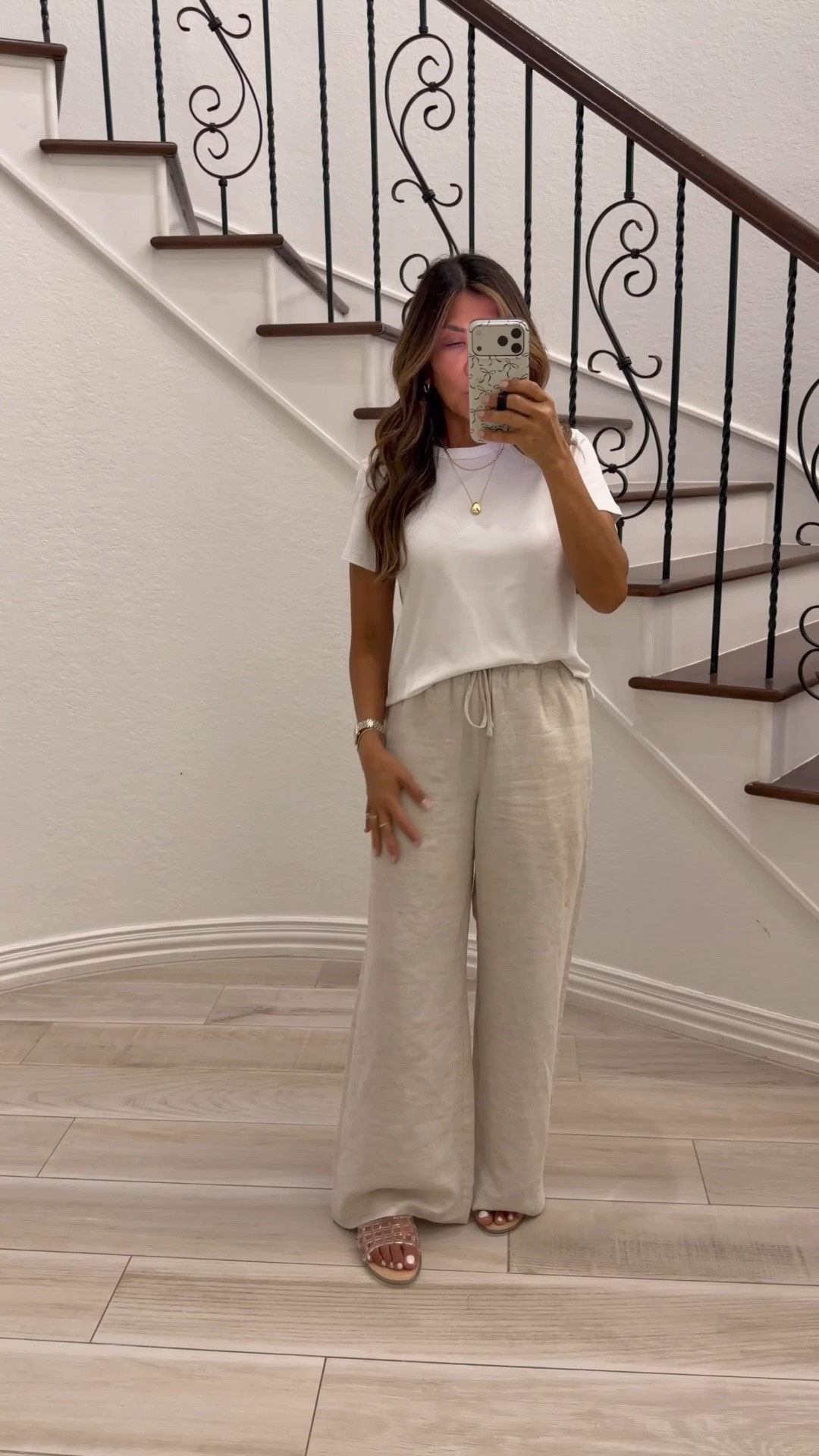 I’m 5’2” 118#ish for reference 
Linen pants in size small, short length. A little loose but I loove it! Can’t believe very minimal wrinkles! 
White tee in small tts.
Sandals tts.
Summer outfit

#LTKOver40 #LTKPetite #LTKootd