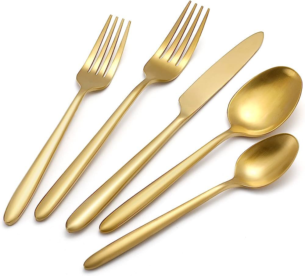 Silverware Set Flatware Set Matte Gold Cutlery Set Brushed Finished Heavy Brass Drip Handle Stain... | Amazon (US)