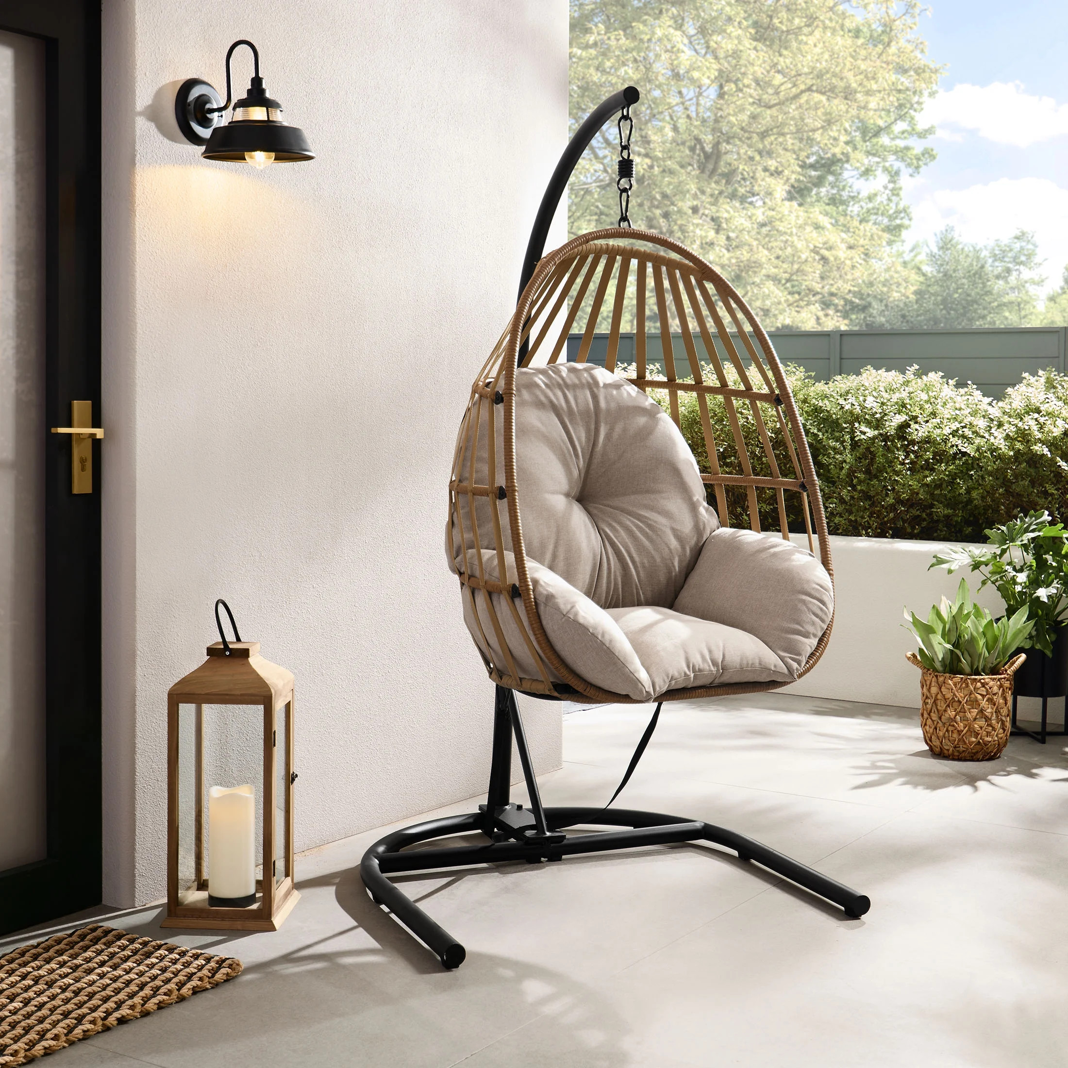 Mainstays Outdoor Wicker Hanging Egg Chair, Tan | Walmart (US)