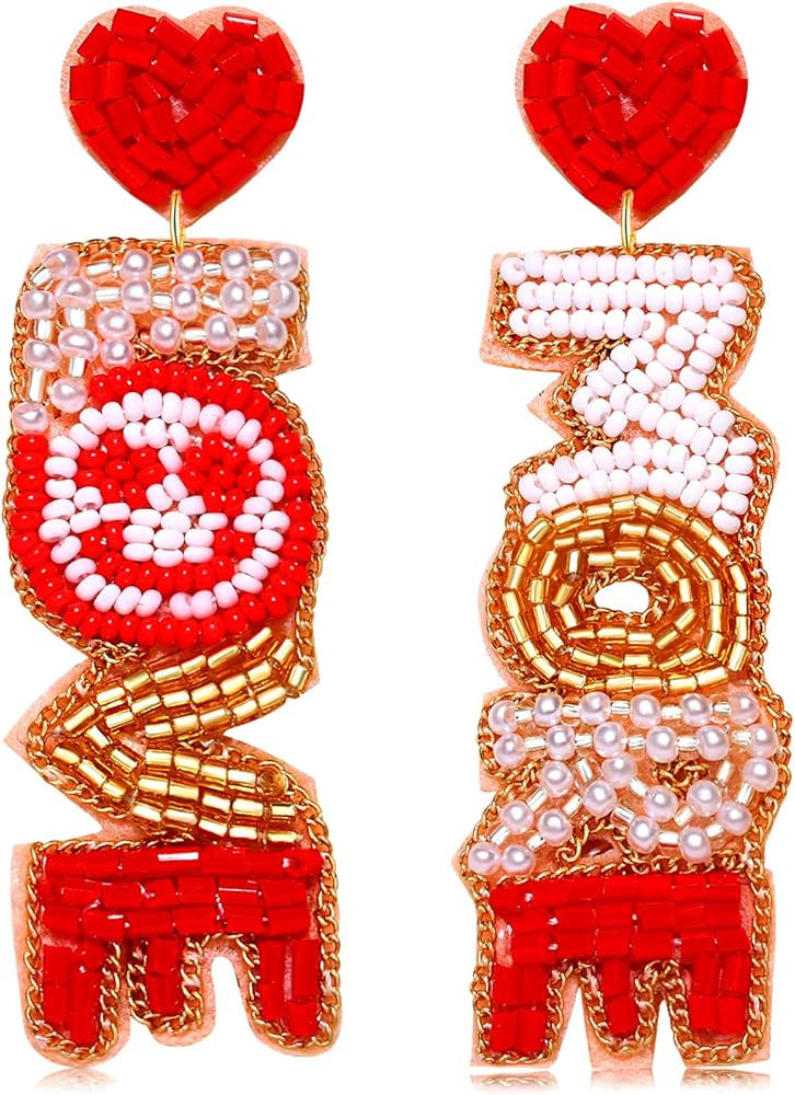 Valentine's Day Earrings for Women Beaded Heart Earrings Handmade Bead LOVE XOXO Earring Drop Dan... | Amazon (US)