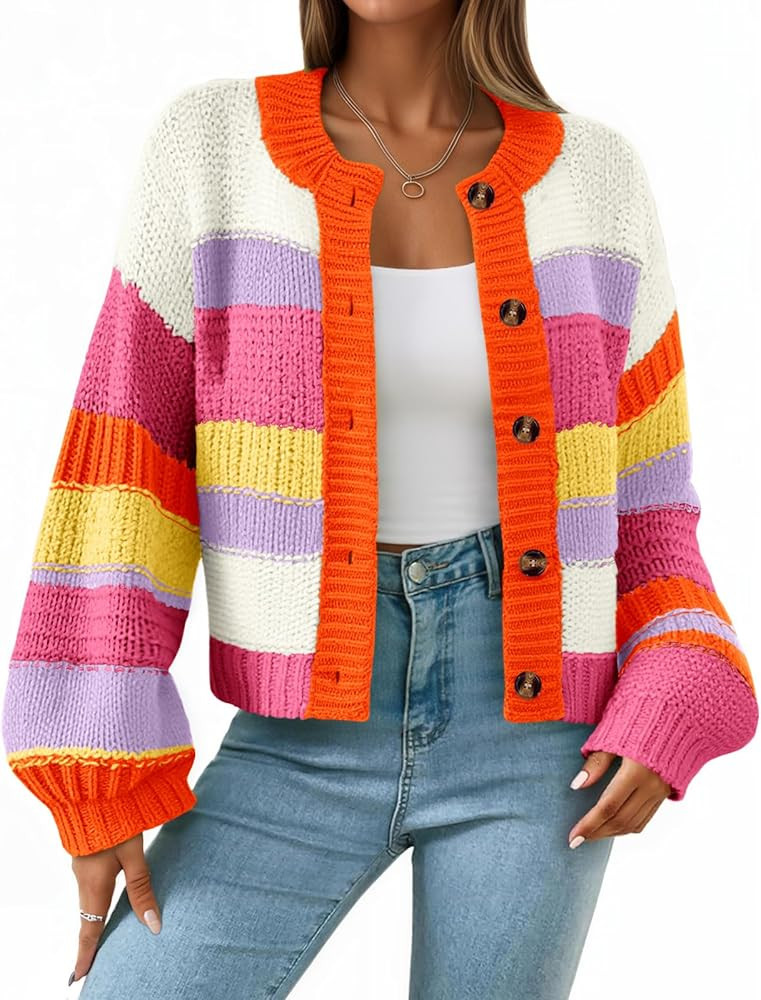Saodimallsu Womens Striped Chunky Cardigan Sweaters Button Up Fall Trendy Color Block Long Sleeve Knit Sweater Coats | Amazon (US)