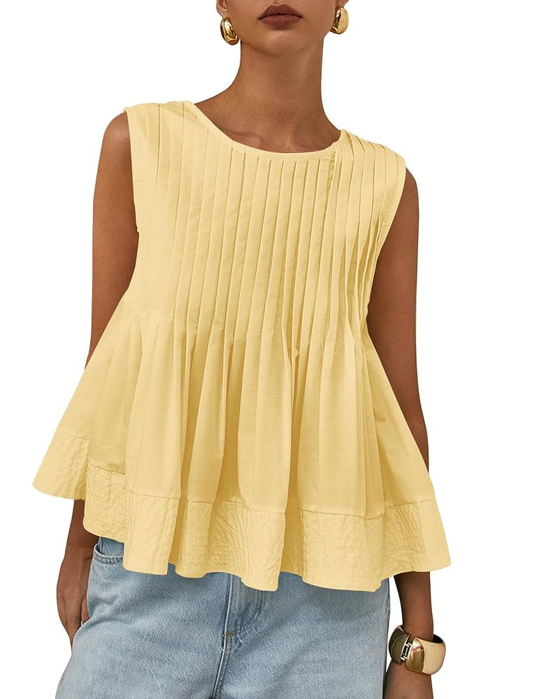Womens Pleated Peplum Tank Top Sleeveless Babydoll Tops Ruffle Hem Crewneck Casual Blouse Shirts ... | Amazon (US)