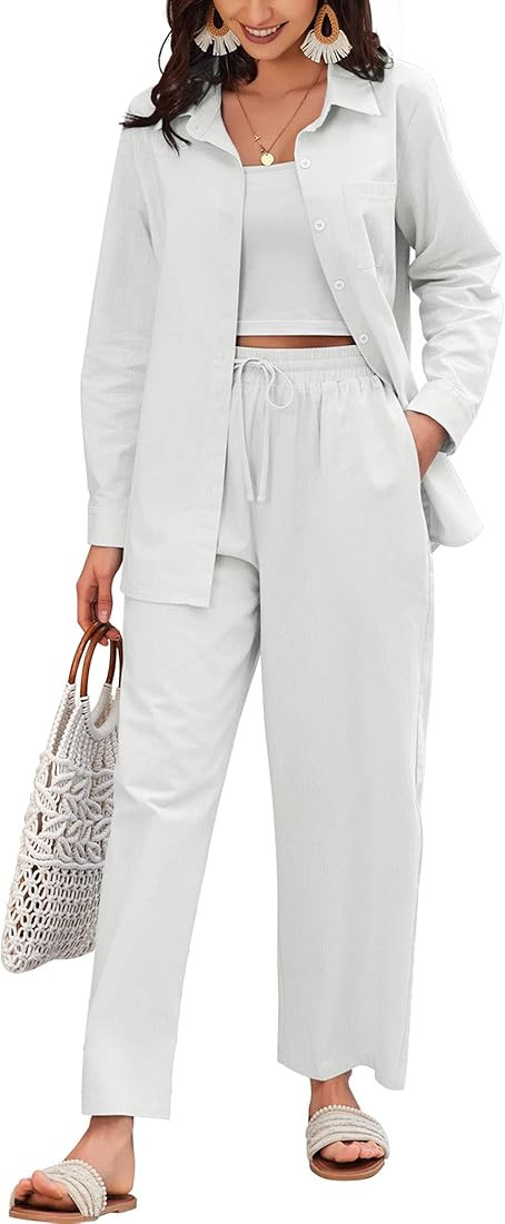 Zeagoo Women 2 Piece Linen Sets Button Down Linen Shirts Summer Loose Long Pants Vacation Beach Outf | Amazon (US)