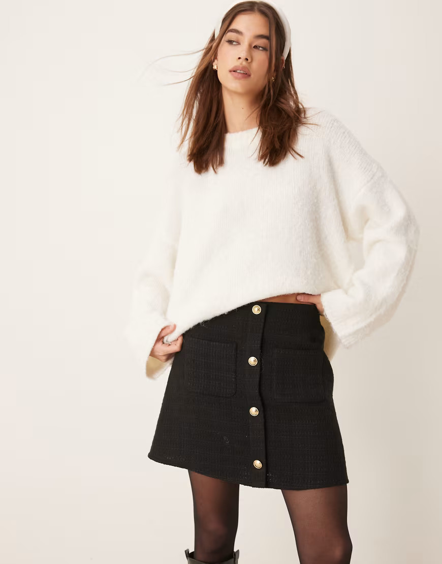 ASOS DESIGN button front boucle mini skirt in black | ASOS (Global)