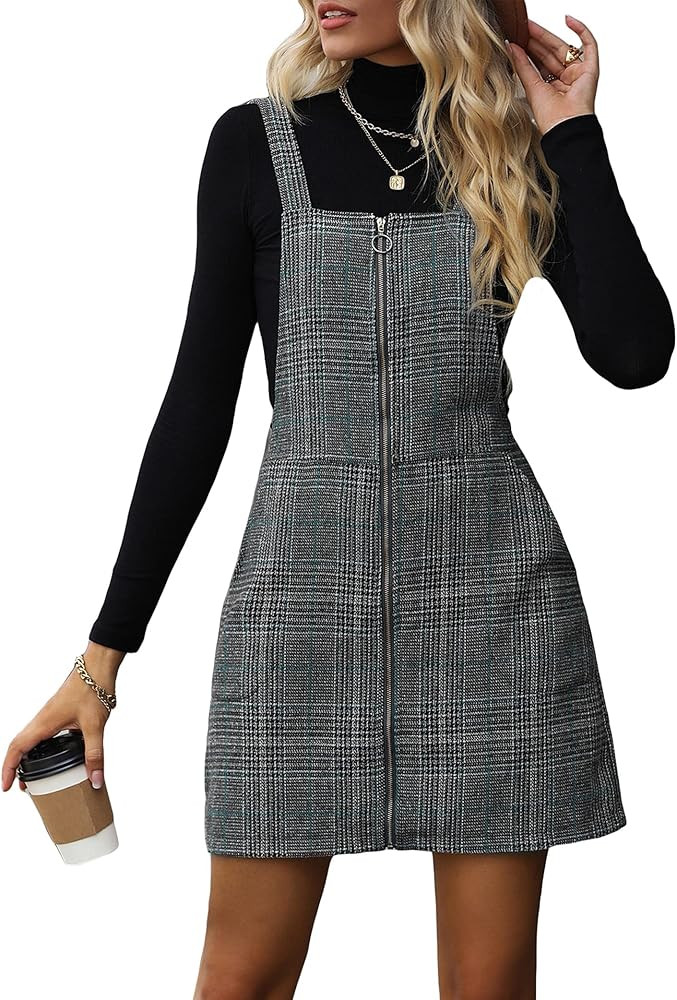 Milumia Women's Casual Plaid Zip Up Straight Mini Pinafore Overall Dress with Pocket | Amazon (US)