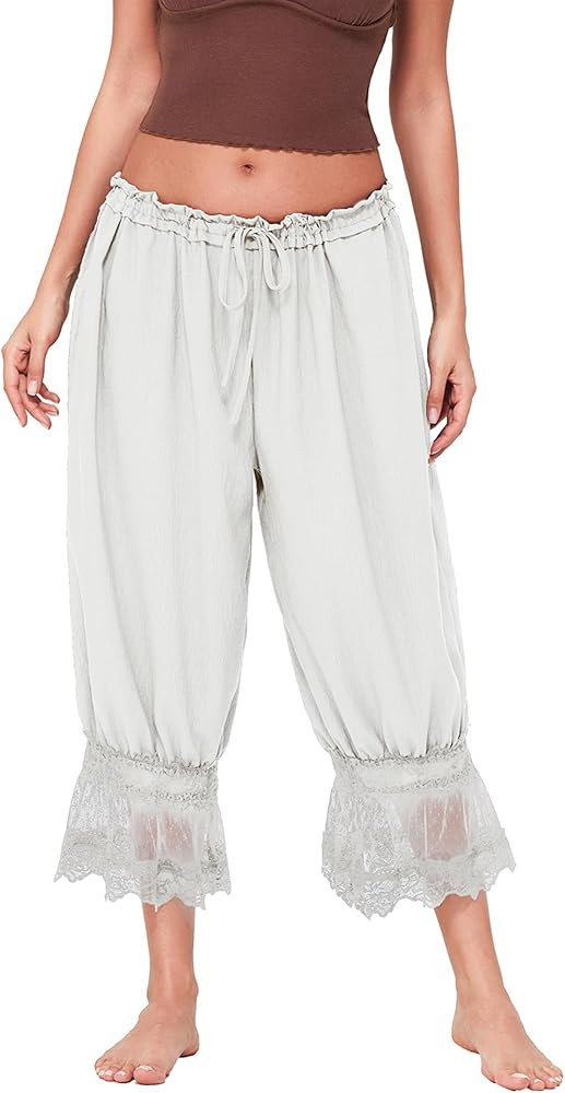 Women Lace Trim Long Pantaloon Elastic Waist Mid Rise Bloomer Pant Solid Slip Flared Pajamas Wide... | Amazon (US)
