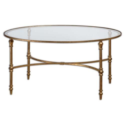 Victoria Hollywood Regency Antiqued Gold Frame Glass Top Oval Coffee Table | Kathy Kuo Home