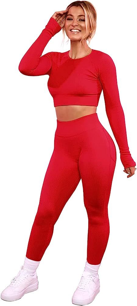 Jetjoy Long Sleeve Workout Set Ribbed Seamless 2 piece gym outfits activewear matching sets | Amazon (US)