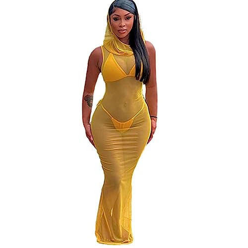 3 Piece Swimsuit Bathing Suit for Women Sexy Halter Bikini Sets with Sleeveless Sheer Mesh Maxi Cover Up Dress Yellow XL | Amazon (US)