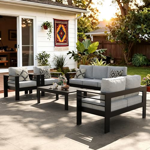 LayinSun Outdoor Aluminum Furniture Set, 5 Pieces Patio Sectional Conversation Chat Sofa Modern Seating Set with Coffee Table | Amazon (US)