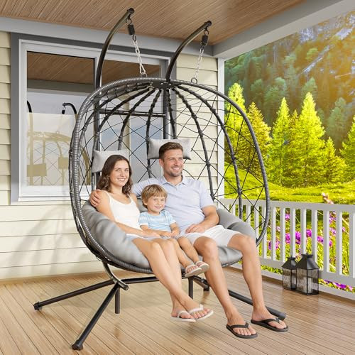 LEVELEVE Double Egg Swing Chair with Stand - 2 Person Outdoor Patio Hanging Wicker Hammock Chair with Cushion, Dark Grey, for Garden, Lawn, Bedroom, Indoor/Outdoor Use | Amazon (US)