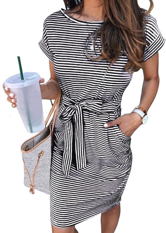 Women's Causal Summer T Shirt Dress Tie Waist Work Dresses with Pockets | Amazon (US)