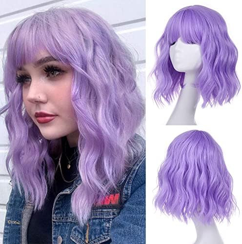 12" Light Purple Synthetic Wig Short Bob Shoulder Length Curly Wigs with Bangs Heat Resistant Nat... | Amazon (CA)