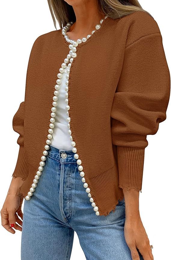 ZESICA Women's Open Front Cardigan Sweater Casual Knitted Long Sleeve Pearls Trim Outerwear Coat ... | Amazon (US)