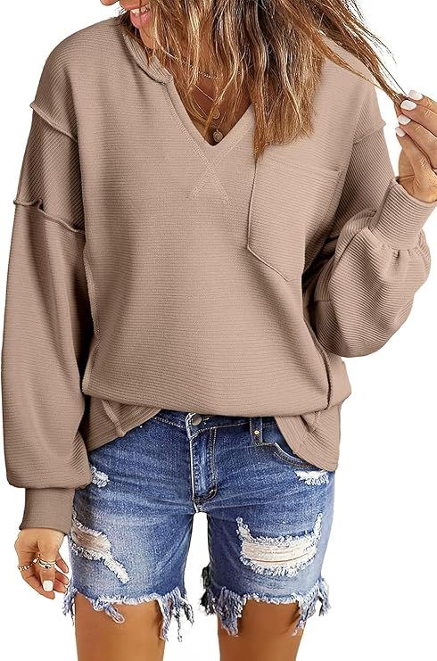 BLENCOT Womens Casual Sweatshirts Crew Neck Long Sleeve 2024 Fashion Waffle Knitted Blouse Pullov... | Amazon (US)