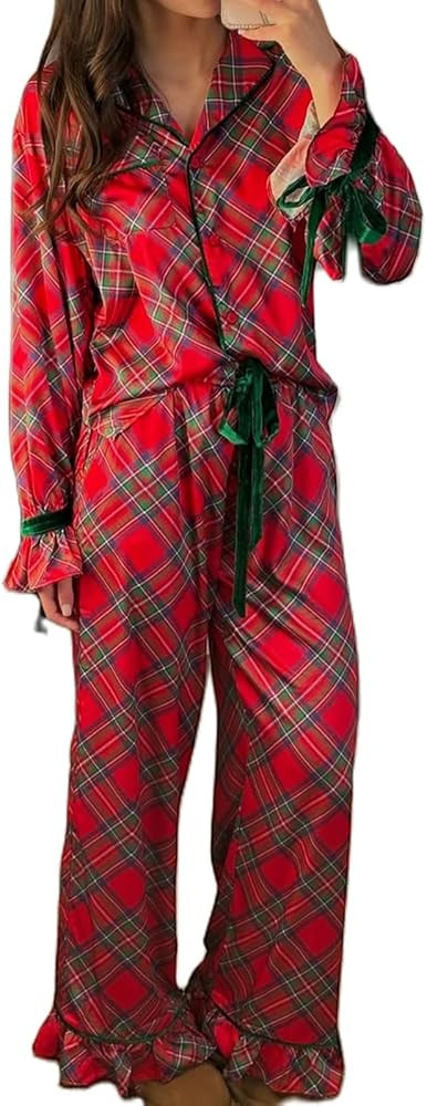 Luckinbaby Cute Christmas Pajamas for Women Satin Silk Bow Pj Set Long Sleeve Shirt and Pants Gin... | Amazon (US)