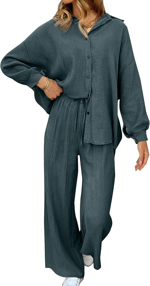 AUTOMET Womens 2 Piece 2023 Fall Clothes Fashion Outfits Two Piece Matching Wide Leg Palazzo Pants S | Amazon (US)