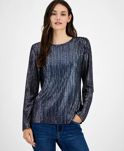 Tommy Hilfiger Women's Shine Ribbed Knit Long-Sleeve Top - Macy's | Macy's